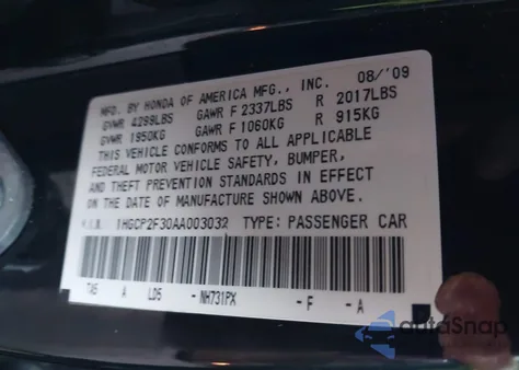 2010 Honda Accord 2.4 Lx from USA, damaged, VIN 1HGCP2F30AA003032